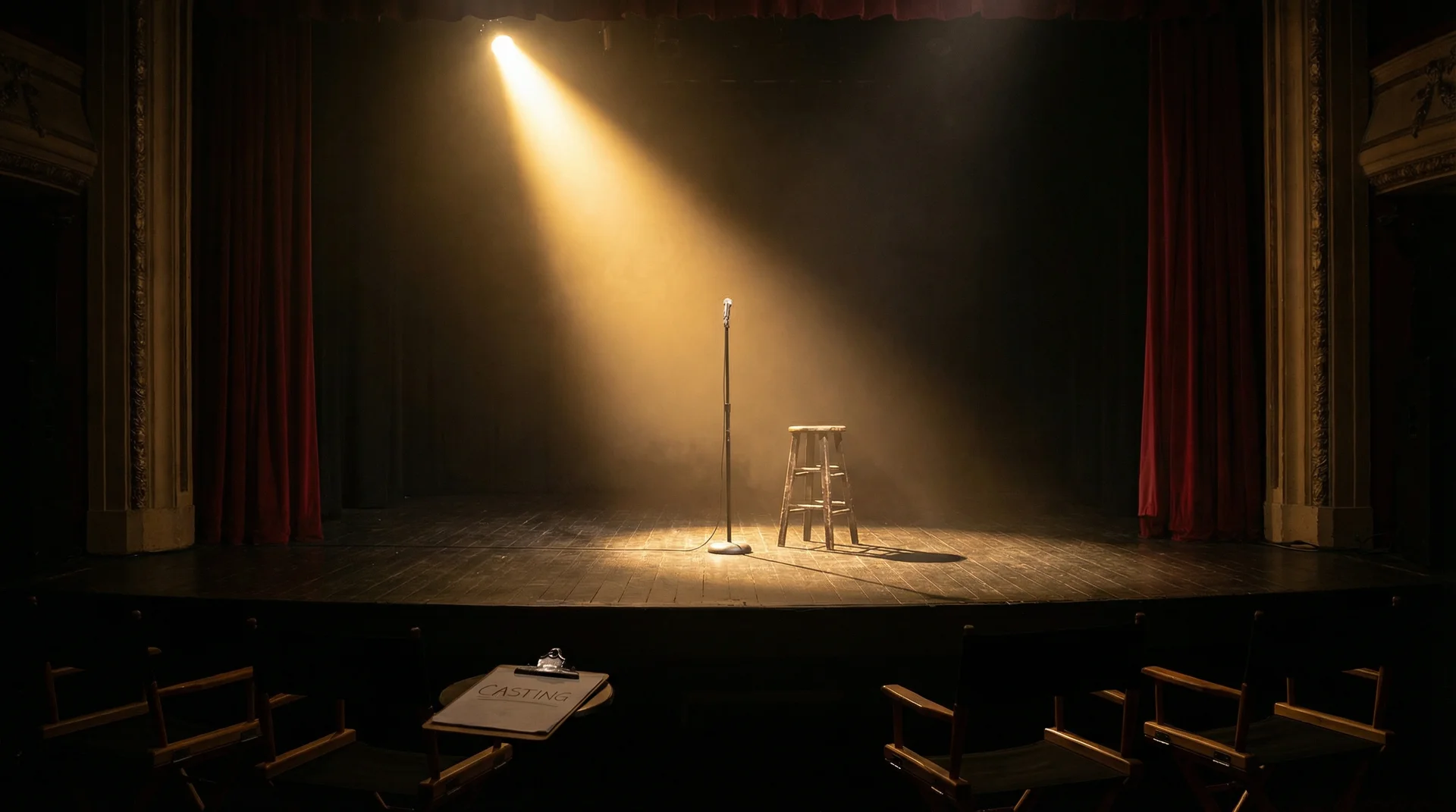 无限臀山 选角大厅全景，聚光灯下的空舞台